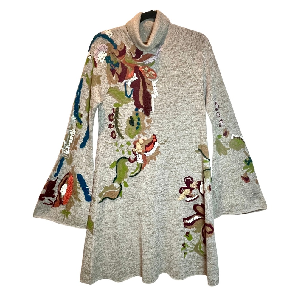 Anthropologie Knitted & Knotted Embroidered Swing Sweater Dress S Sequin NWT - Picture 2 of 16
